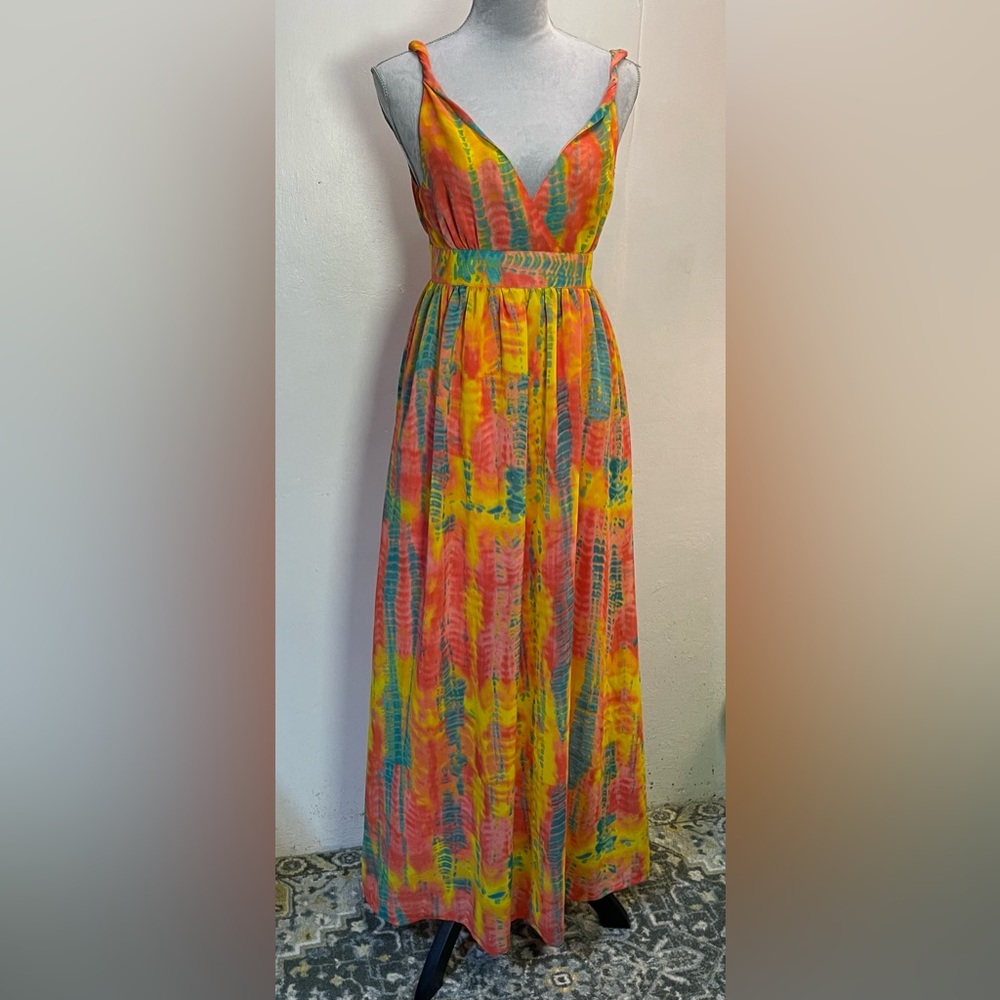 #0158 Dimri Fully Lined Banded Waist Twisted Strap Maxi w/ side Zip. Tie dye-S
